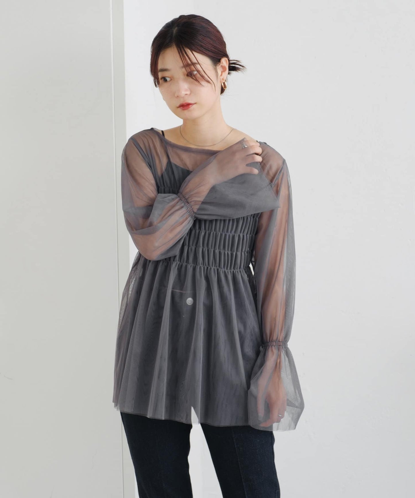 shirring tulle top (charcoal) *JP