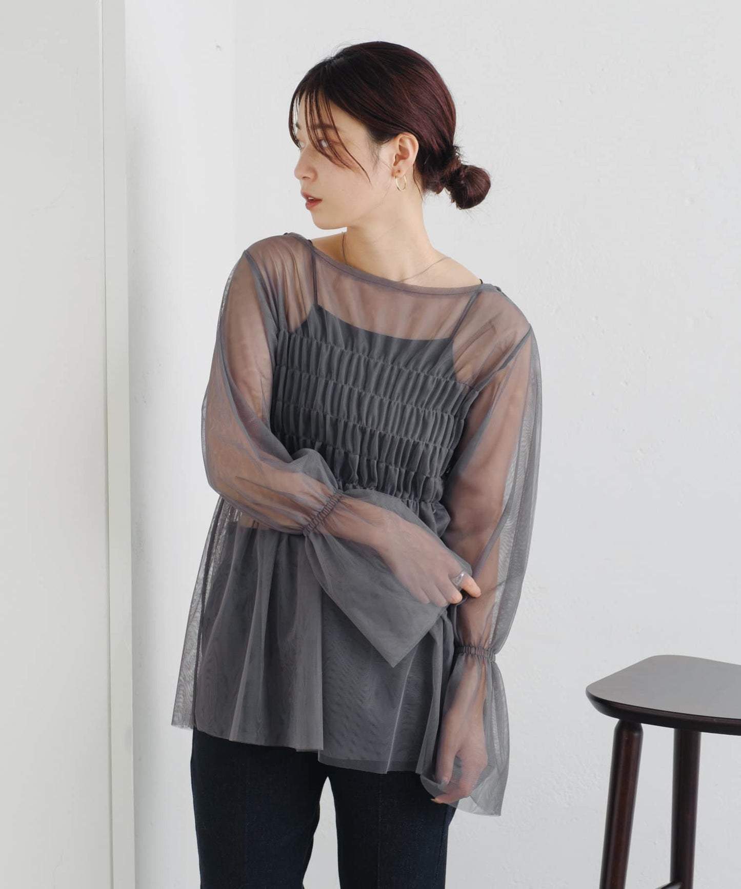 shirring tulle top (charcoal) *JP