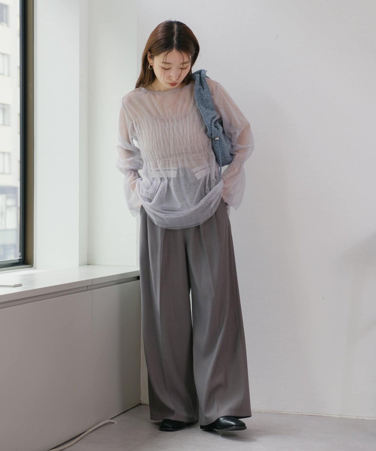 shirring tulle top (light grey) *JP