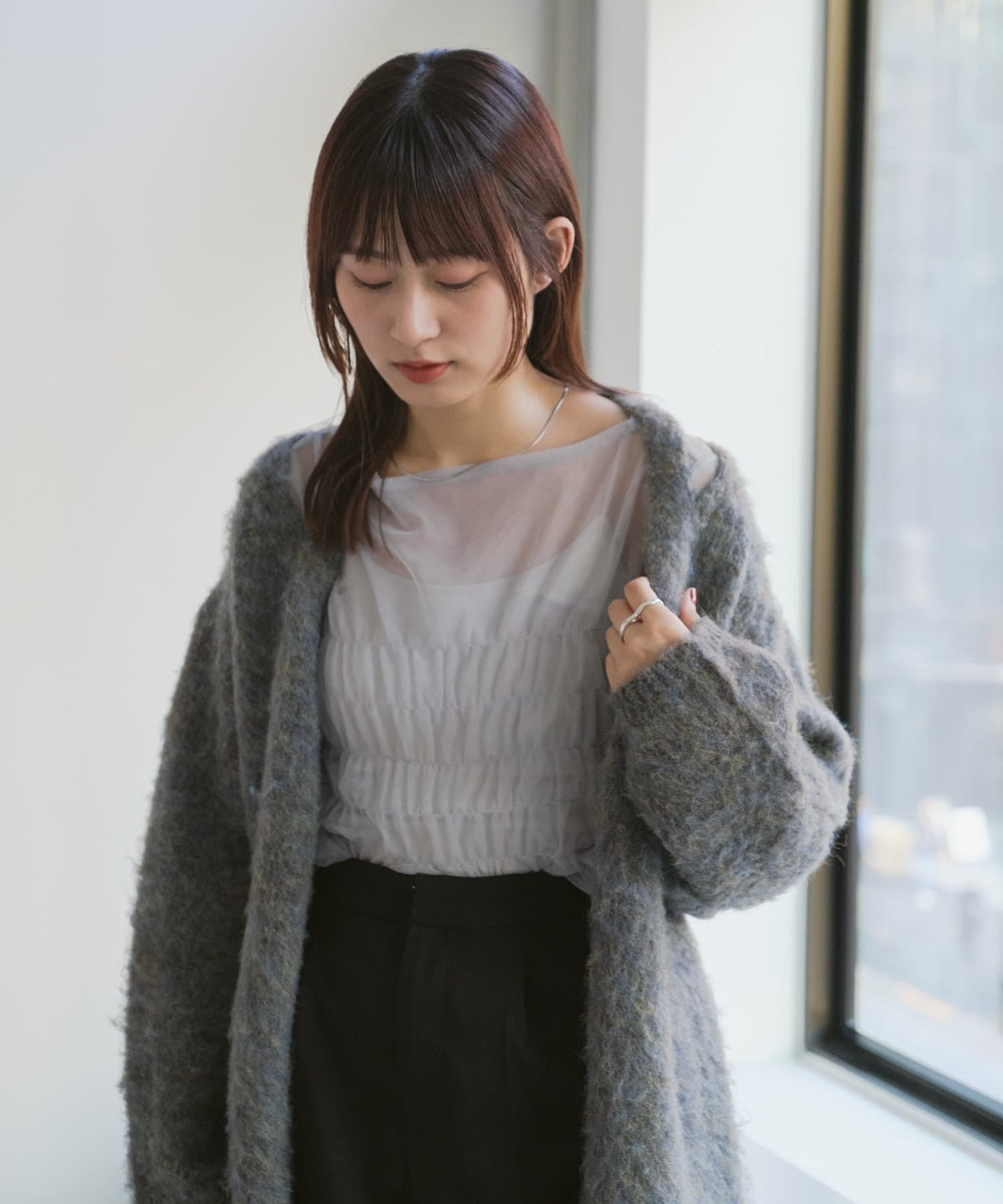 shirring tulle top (light grey) *JP