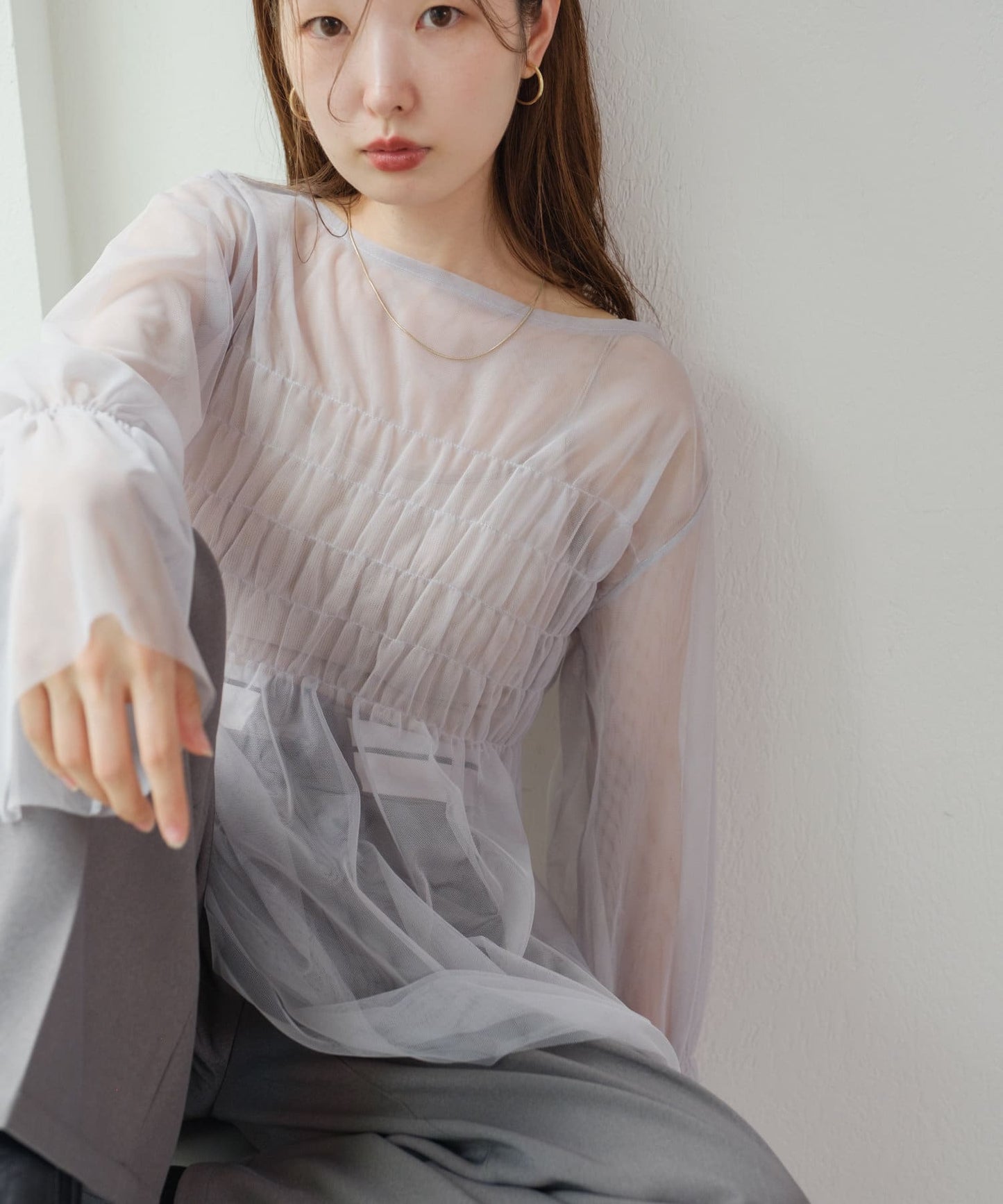 shirring tulle top (light grey) *JP