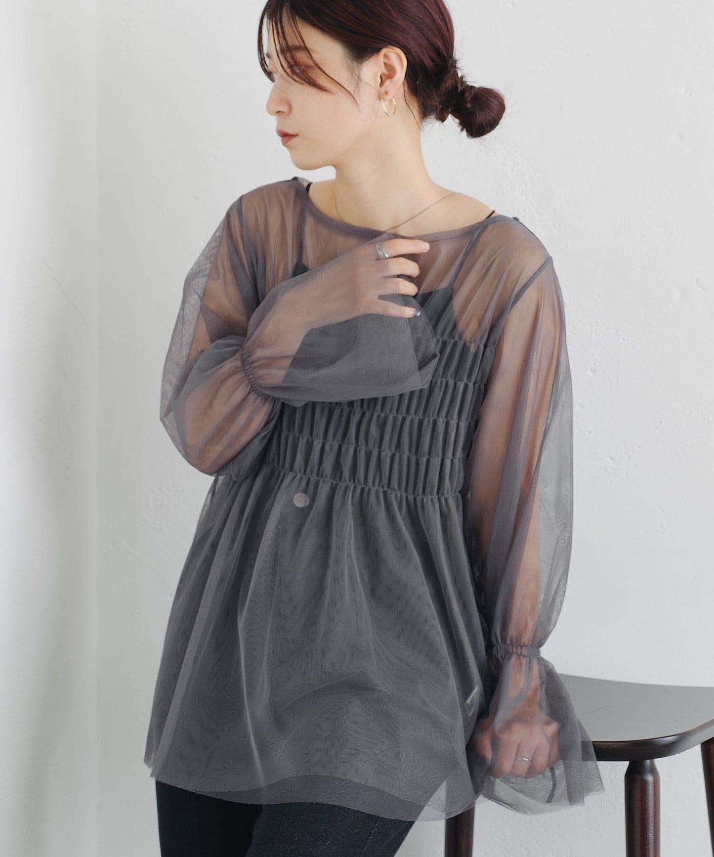 shirring tulle top (charcoal) *JP