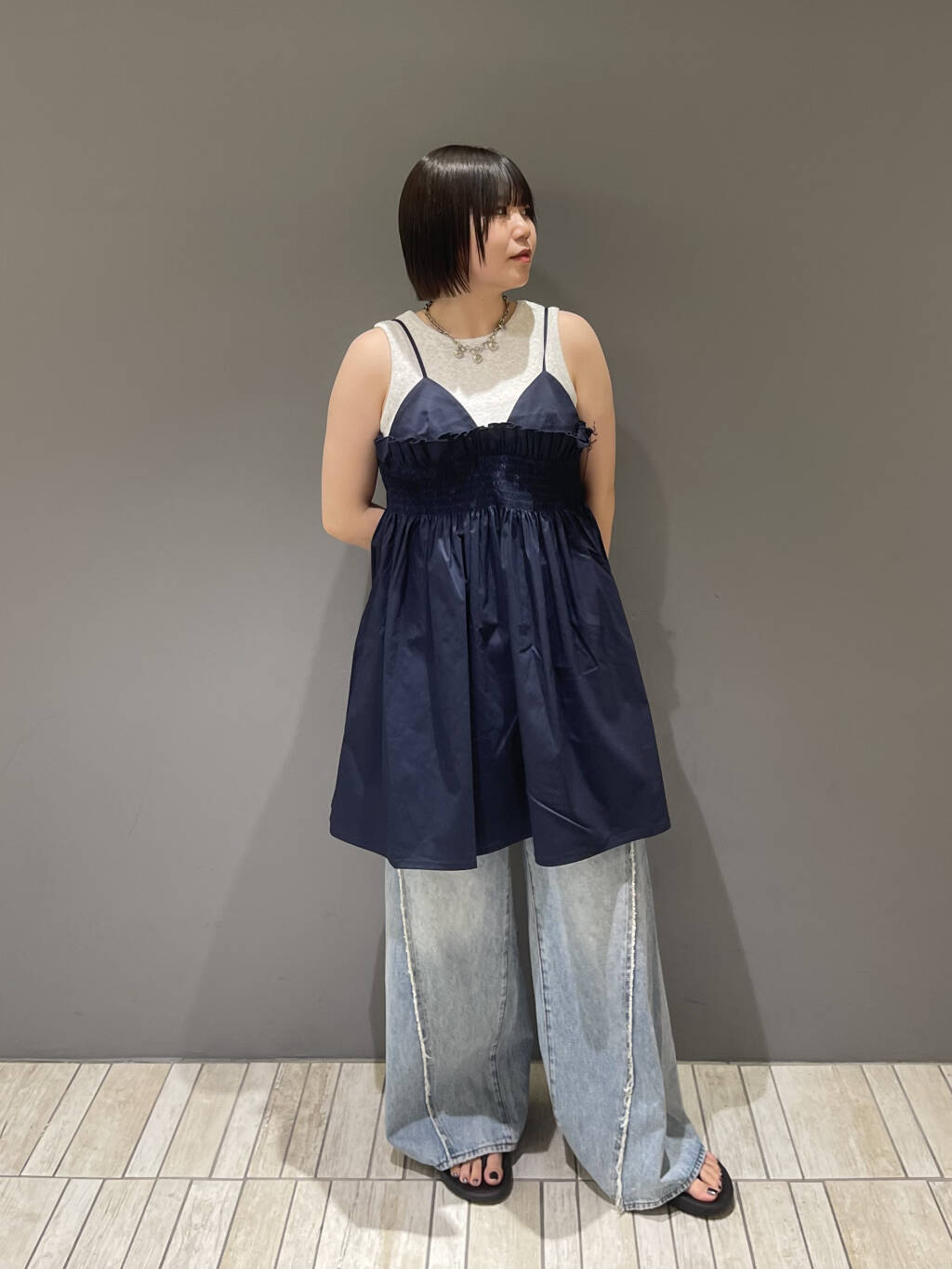 shirred mini dress (navy) *JP