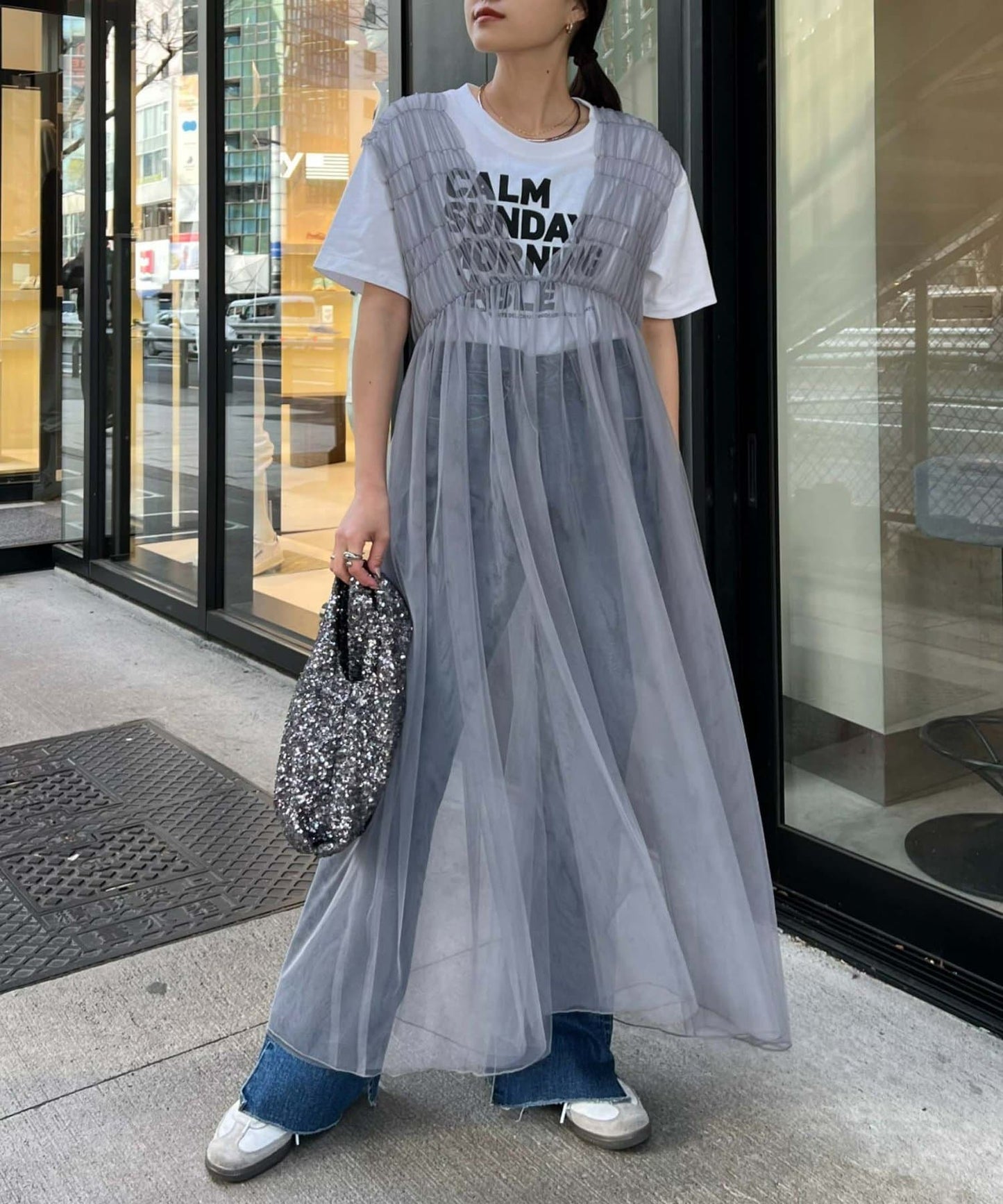 shirring tulle 2way dress (grey) *JP