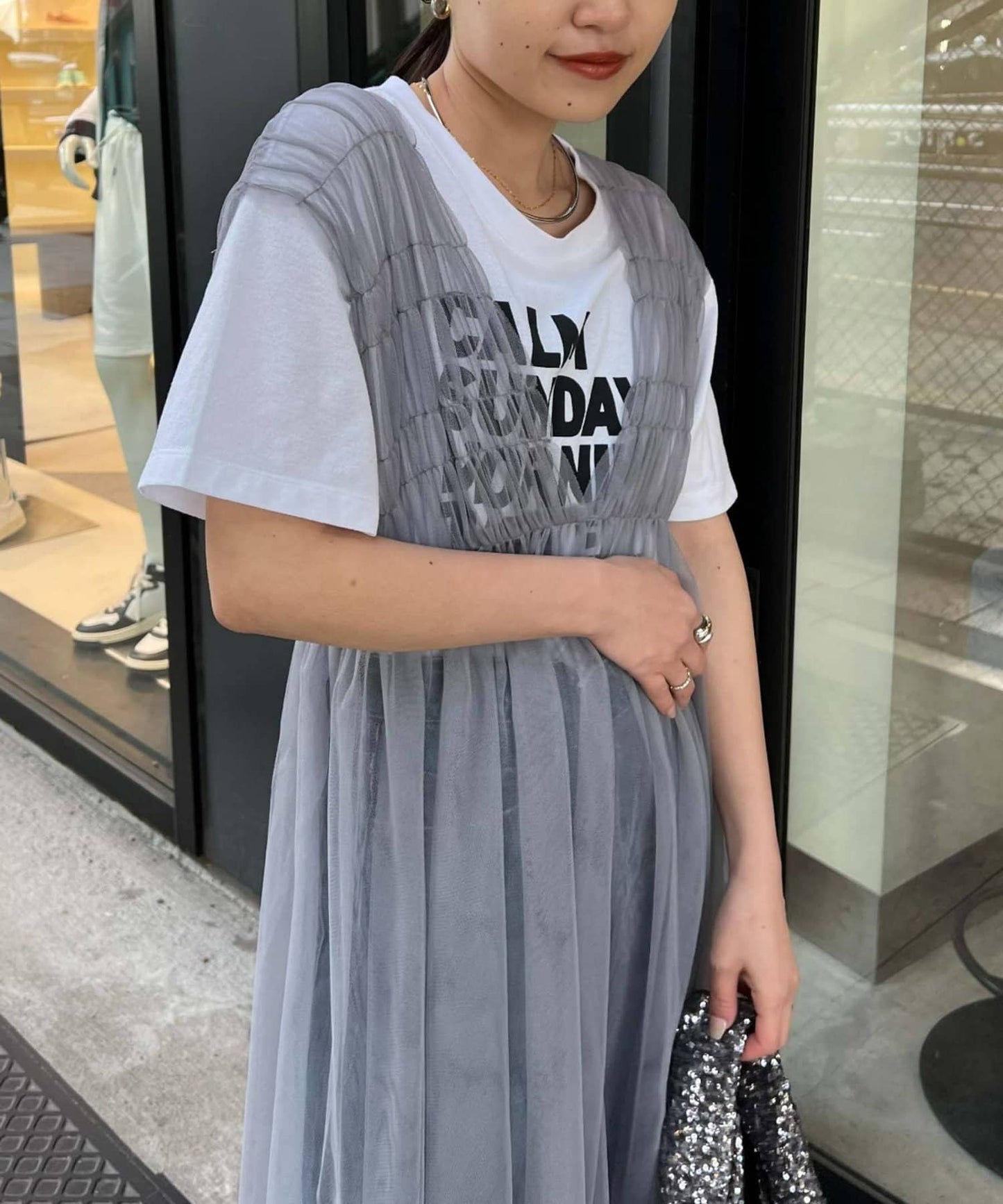 shirring tulle 2way dress (grey) *JP