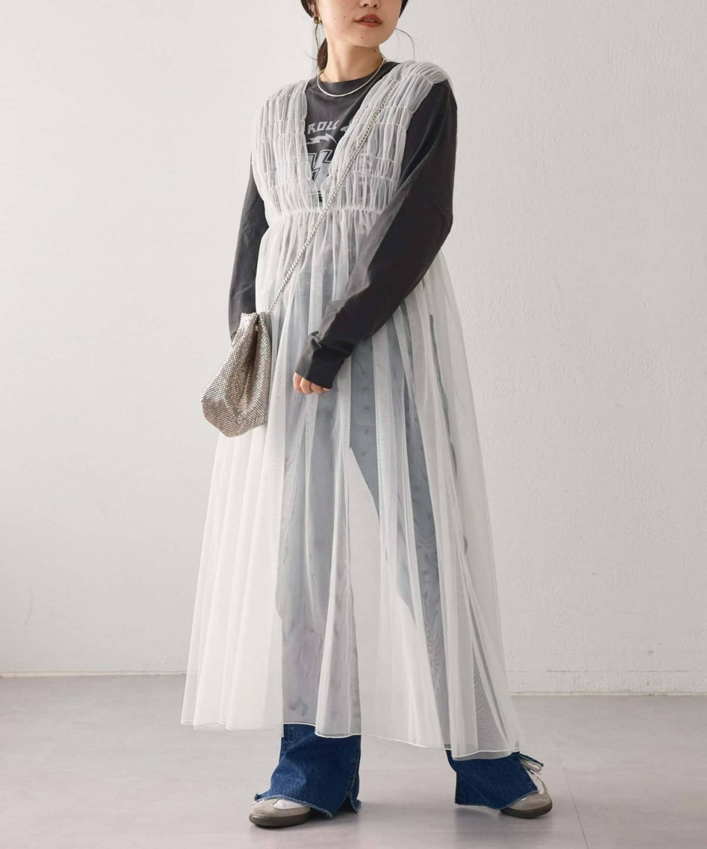 shirring tulle 2way dress (white) *JP