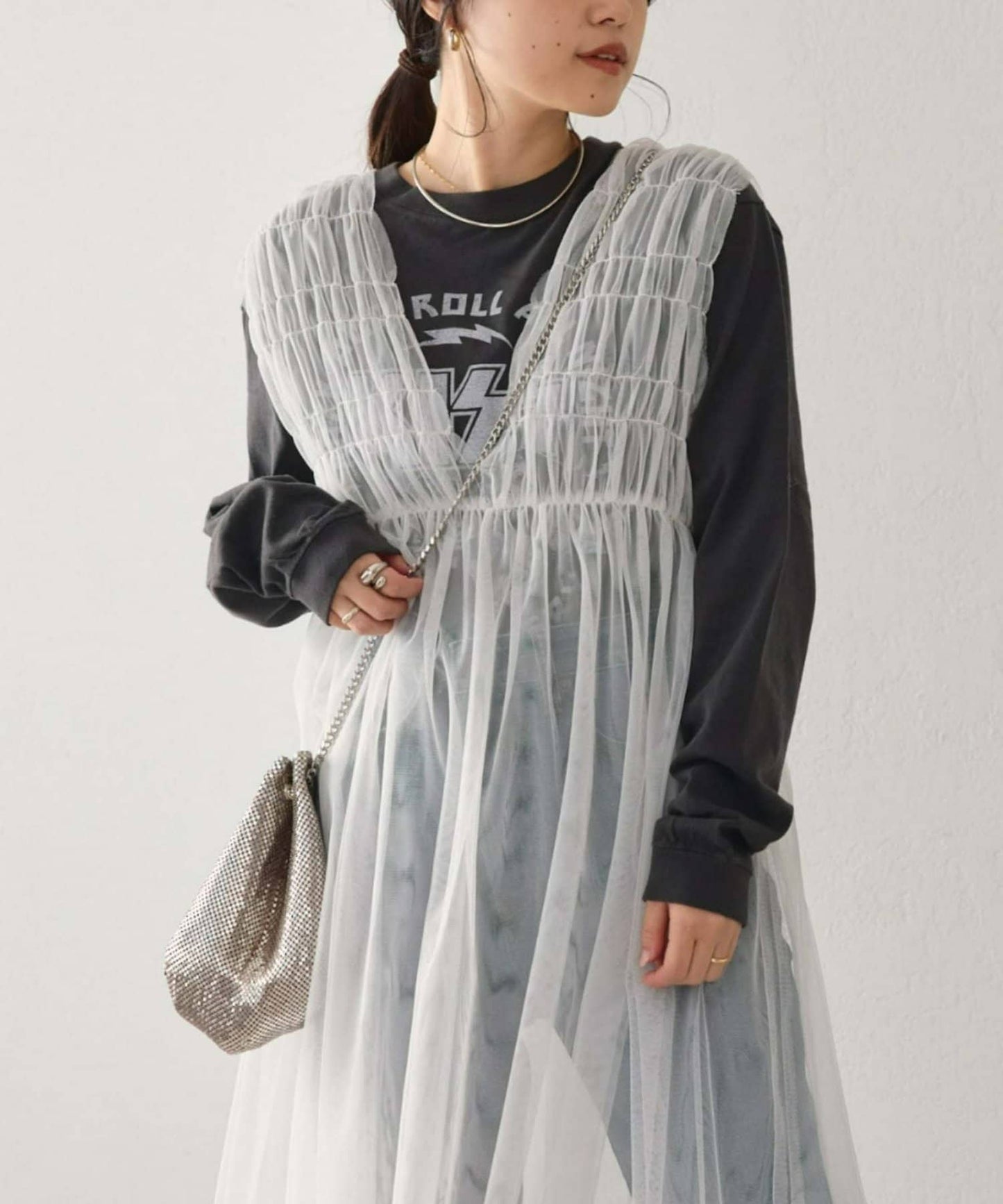 shirring tulle 2way dress (white) *JP