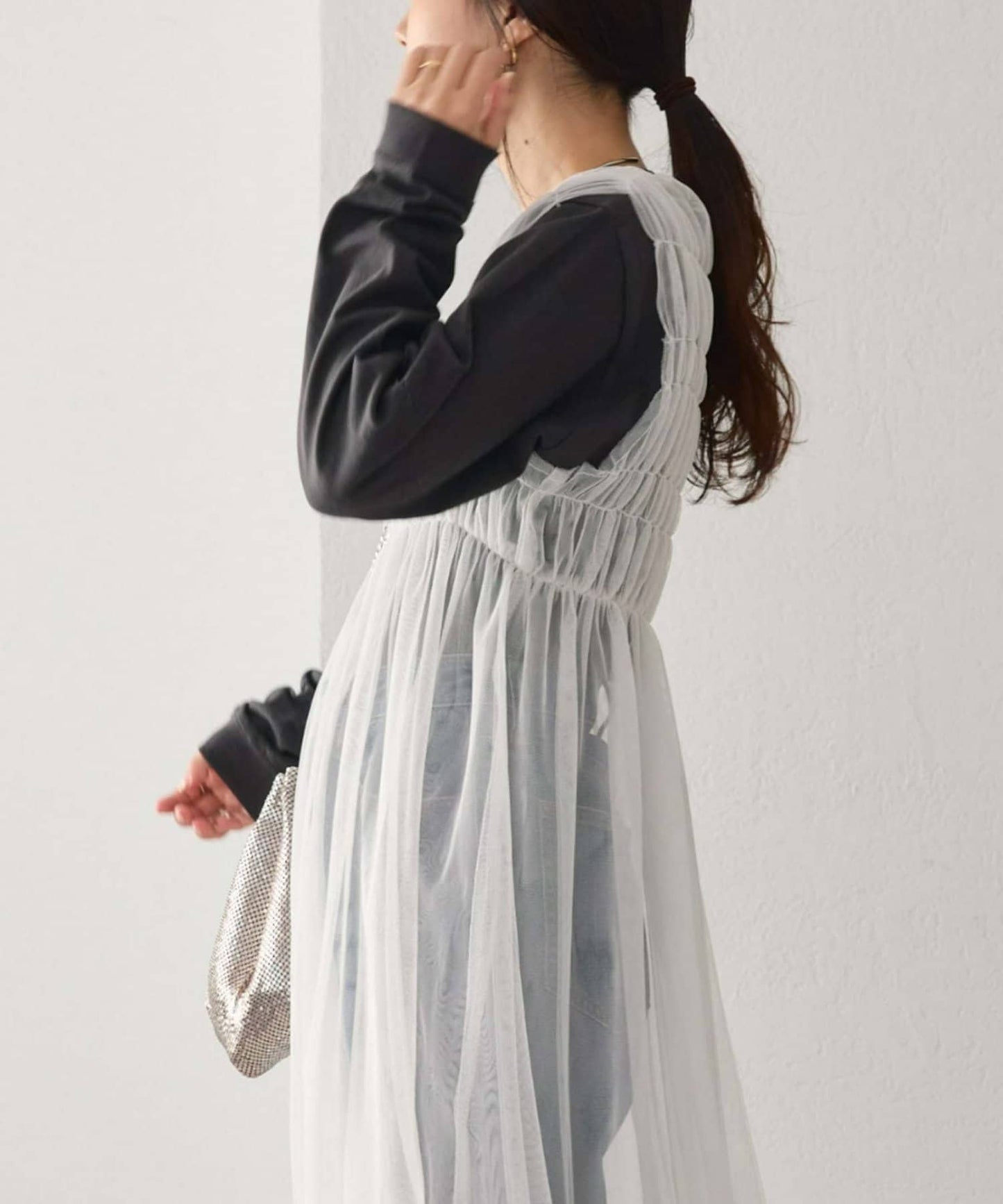 shirring tulle 2way dress (white) *JP