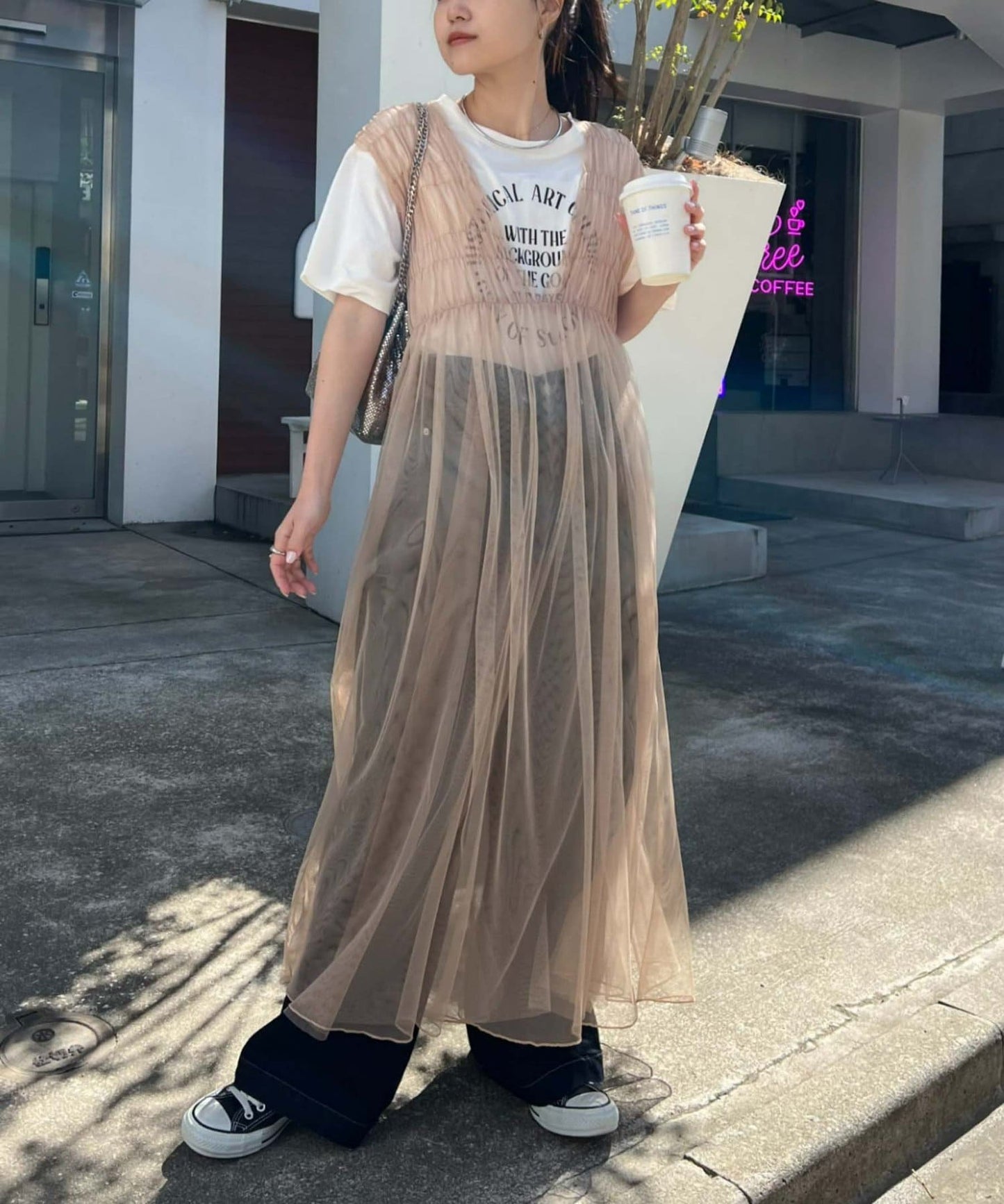 shirring tulle 2way dress (beige) *JP