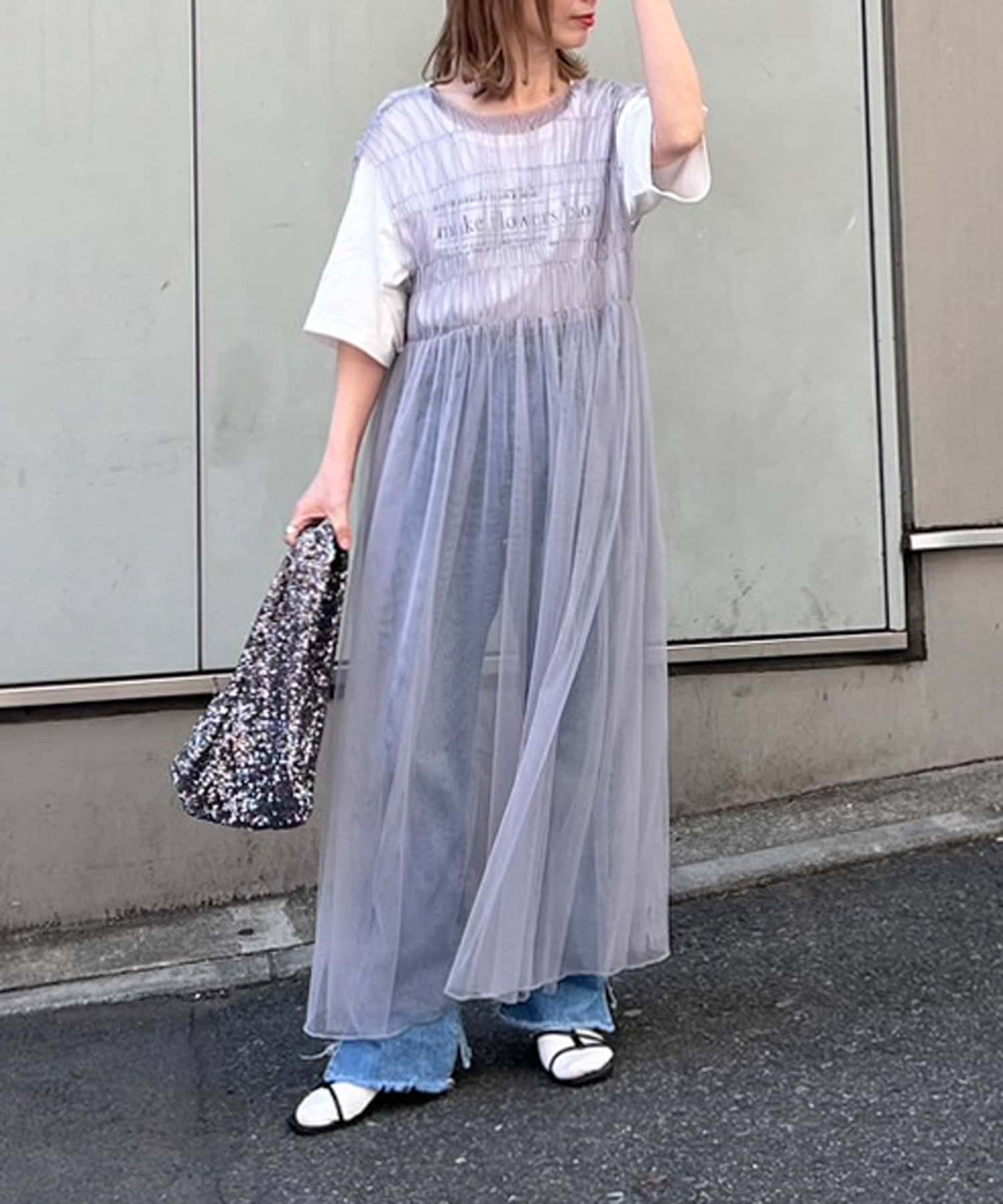 shirring tulle 2way dress (grey) *JP