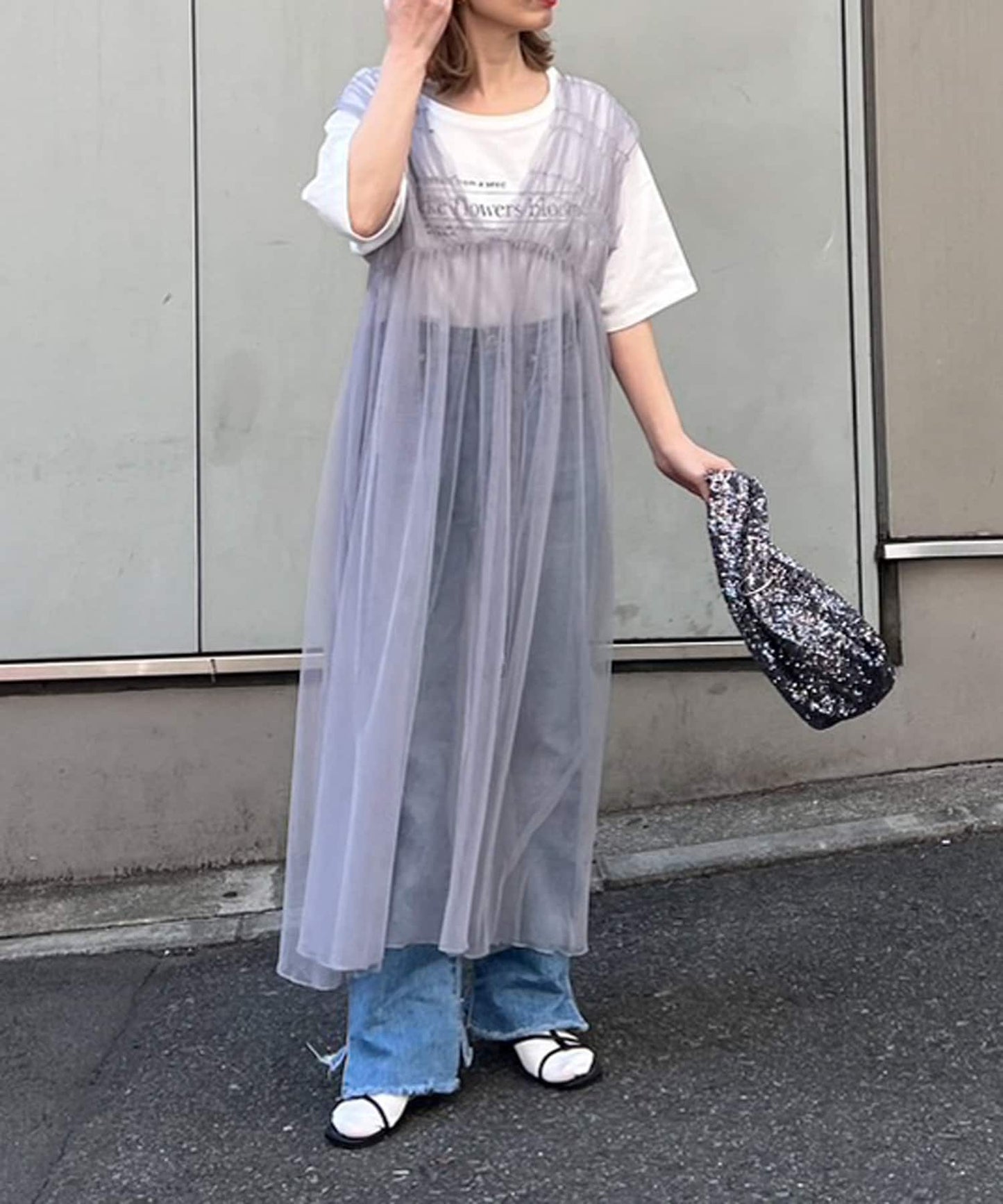 shirring tulle 2way dress (grey) *JP