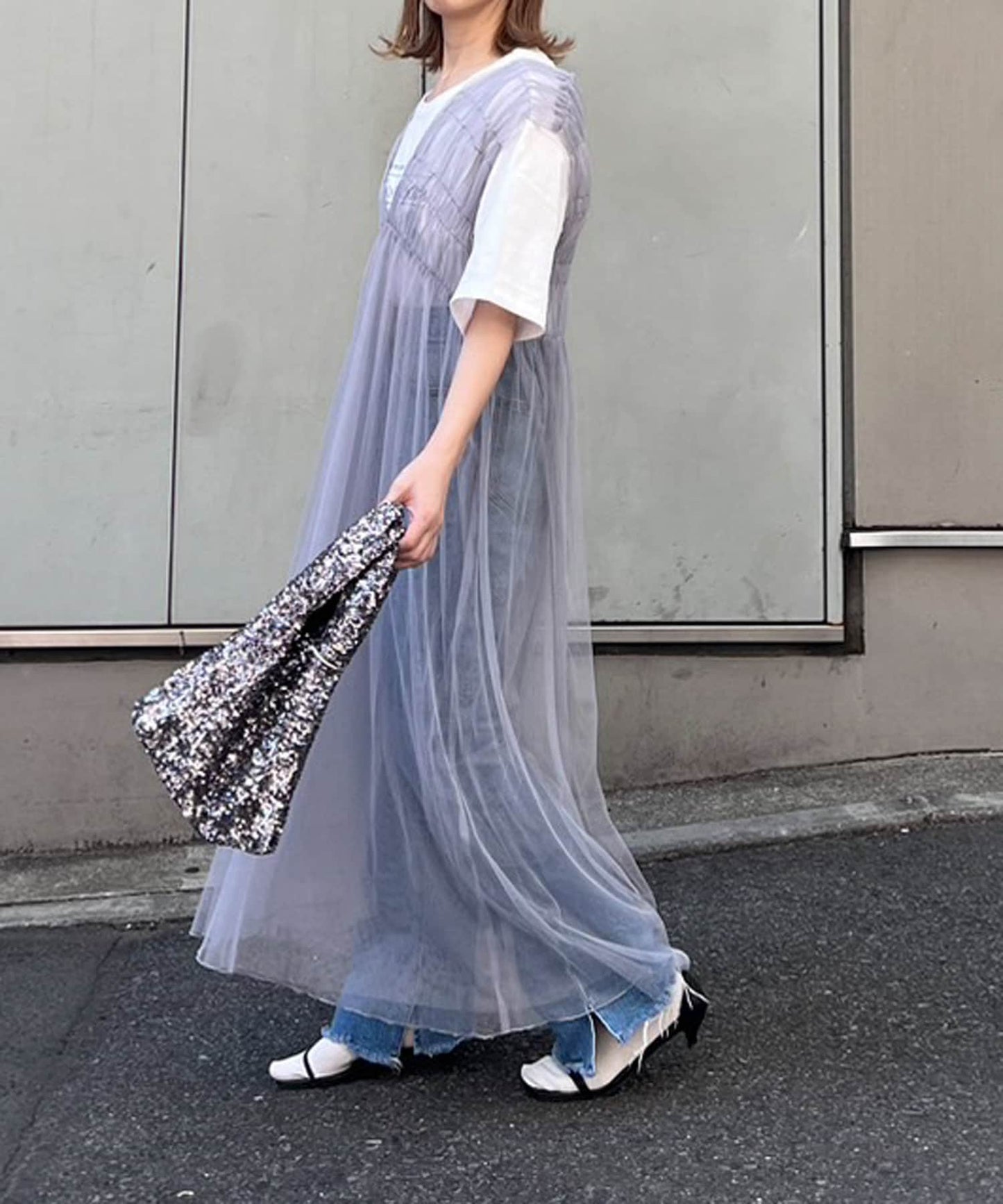 shirring tulle 2way dress (grey) *JP