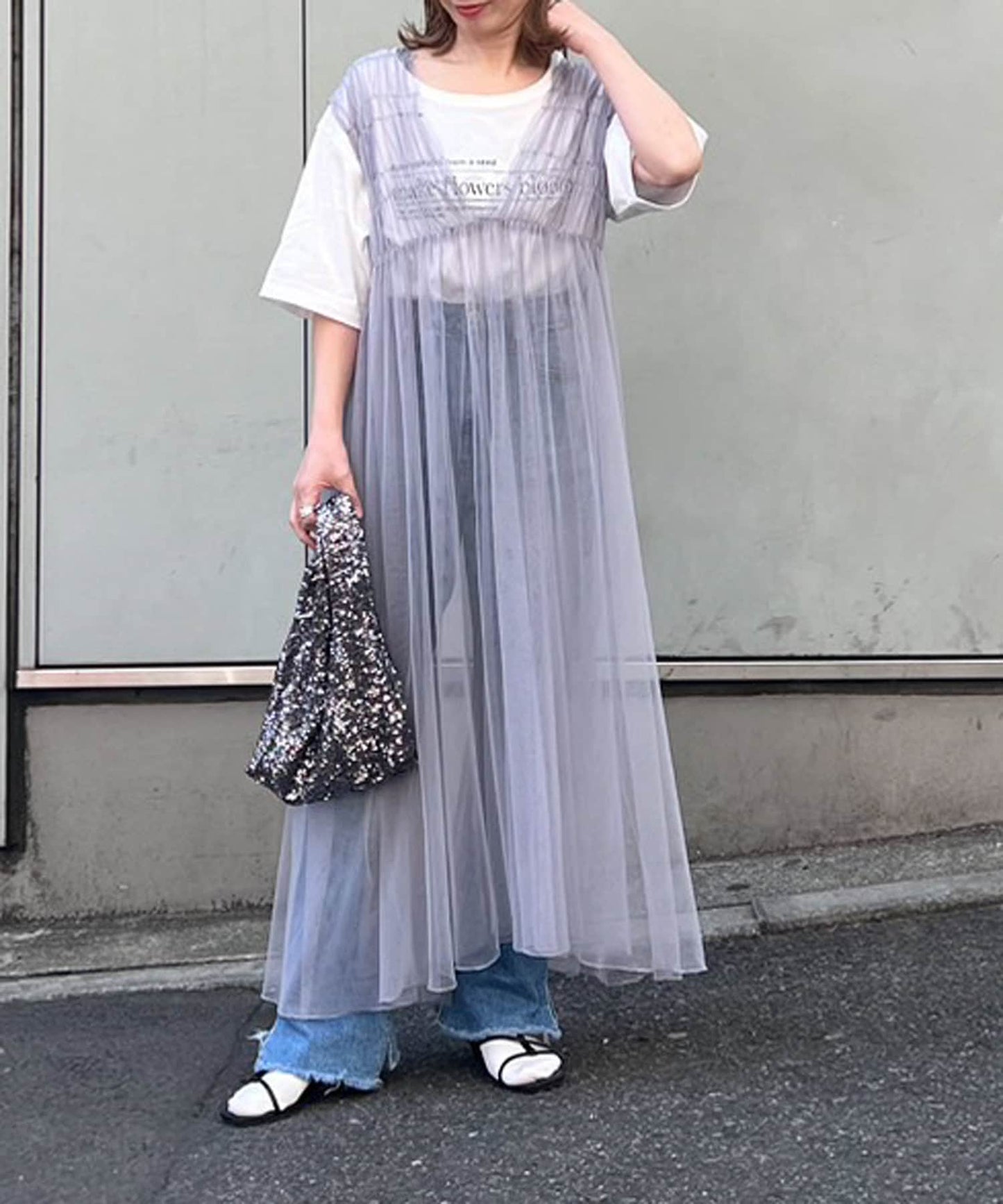 shirring tulle 2way dress (grey) *JP