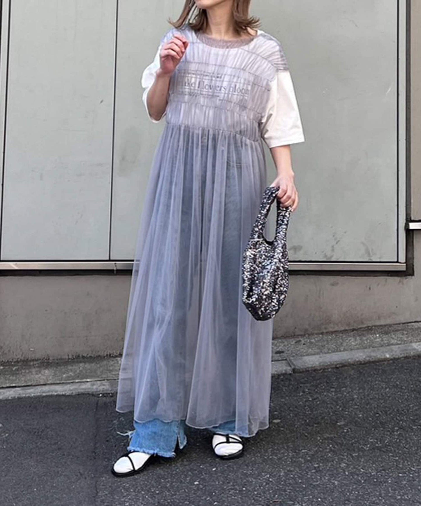 shirring tulle 2way dress (grey) *JP