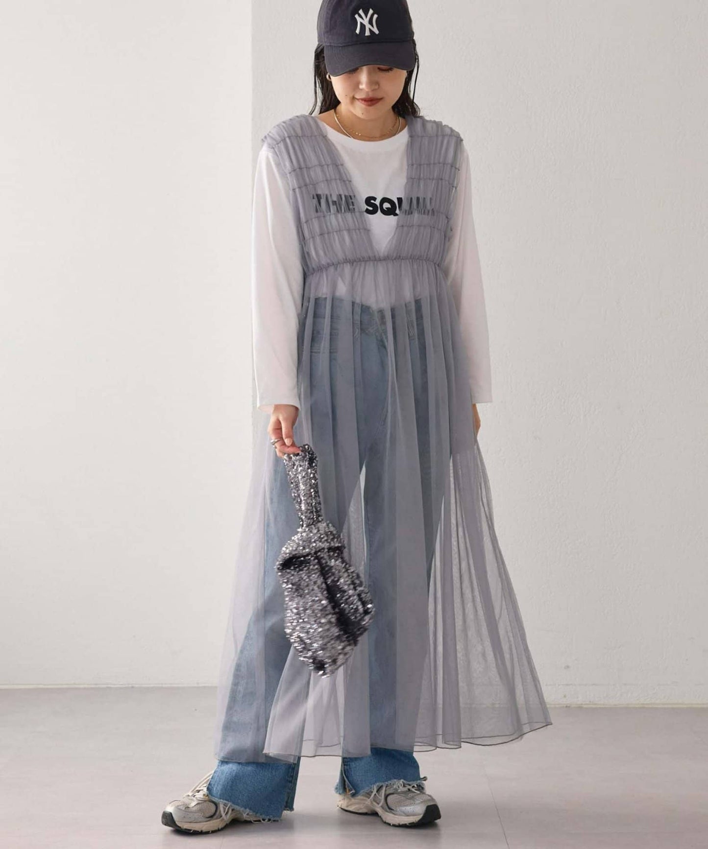 shirring tulle 2way dress (grey) *JP