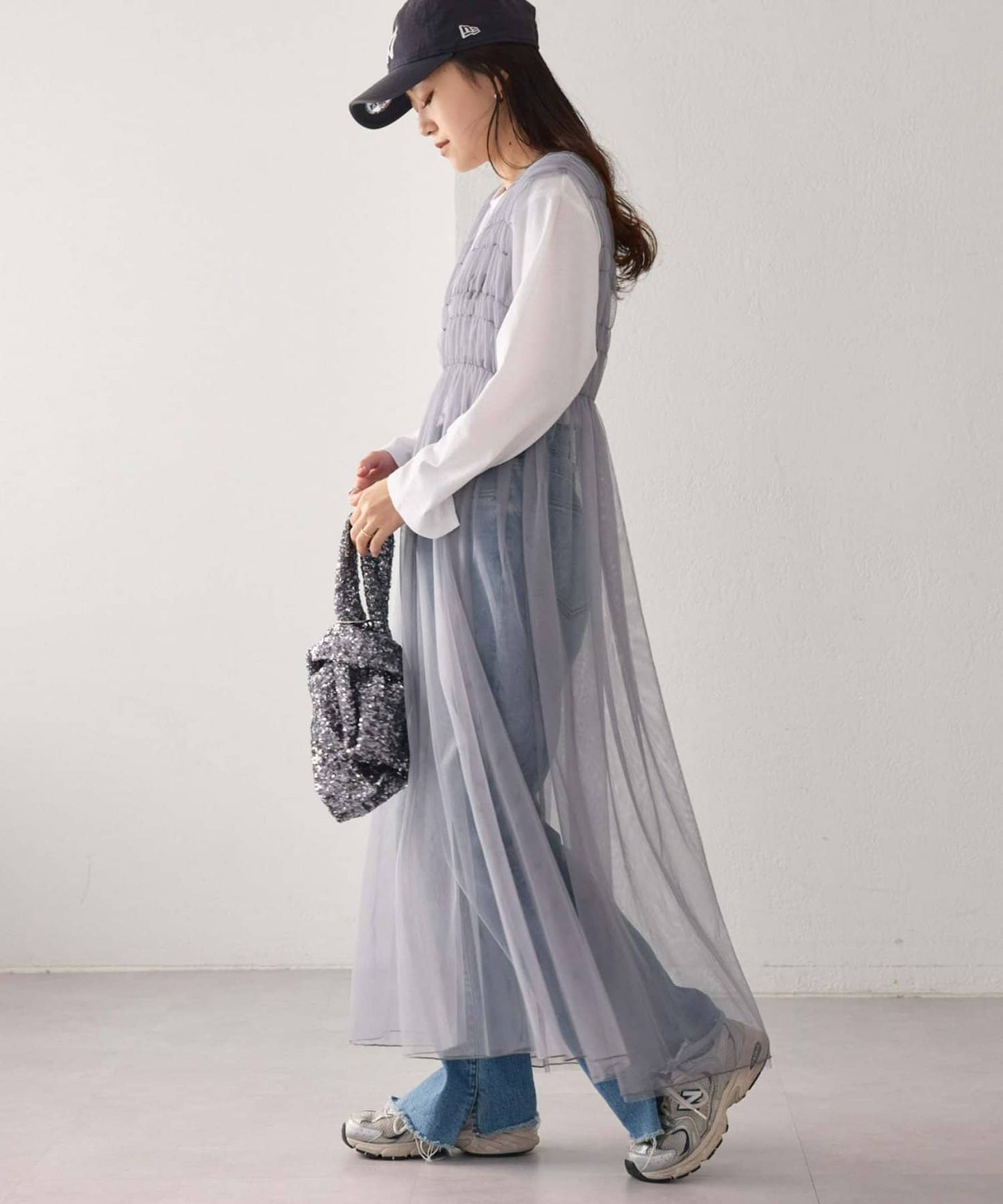 shirring tulle 2way dress (grey) *JP