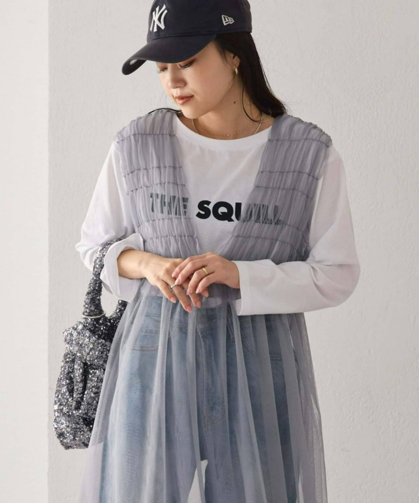 shirring tulle 2way dress (grey) *JP