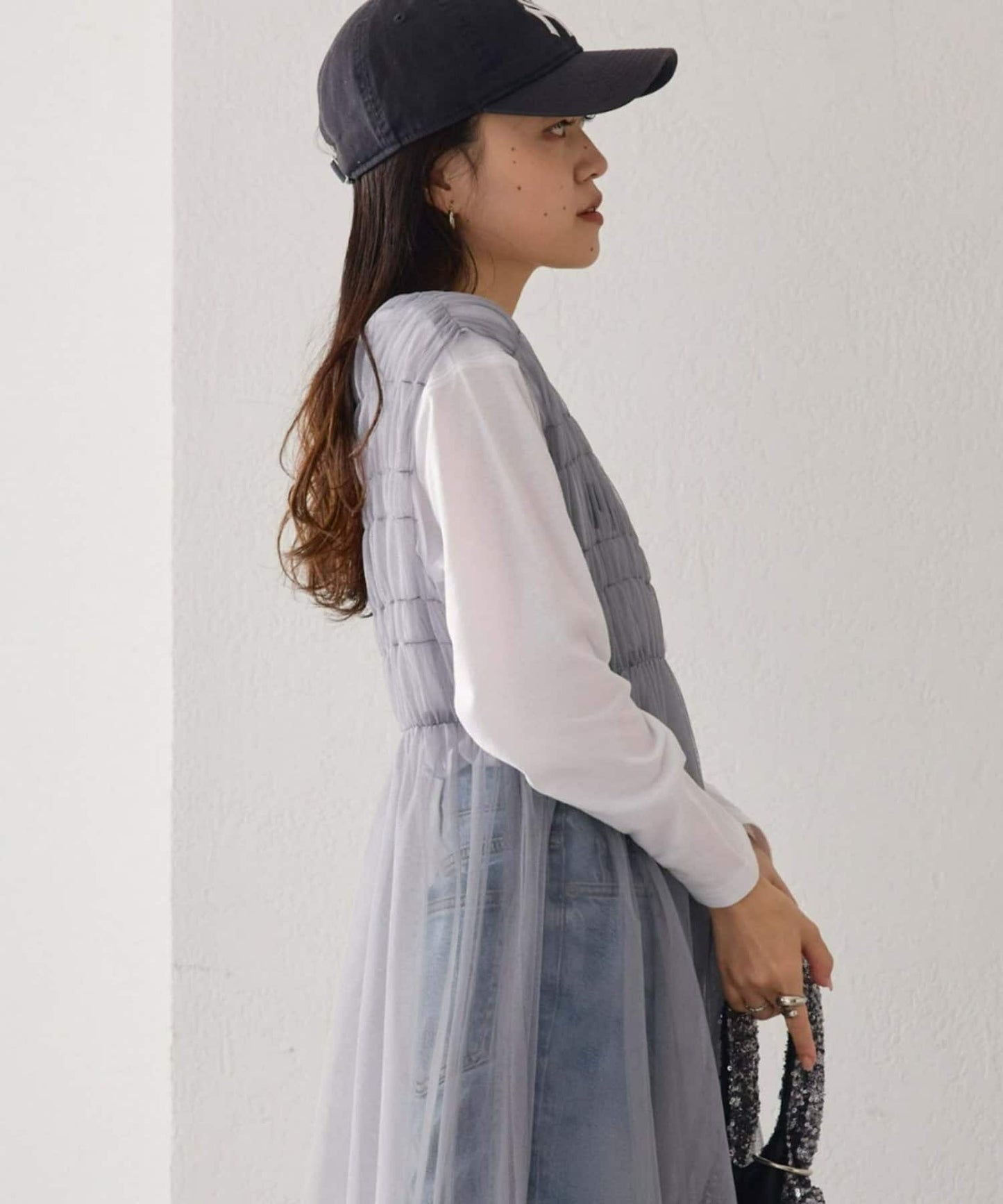 shirring tulle 2way dress (grey) *JP