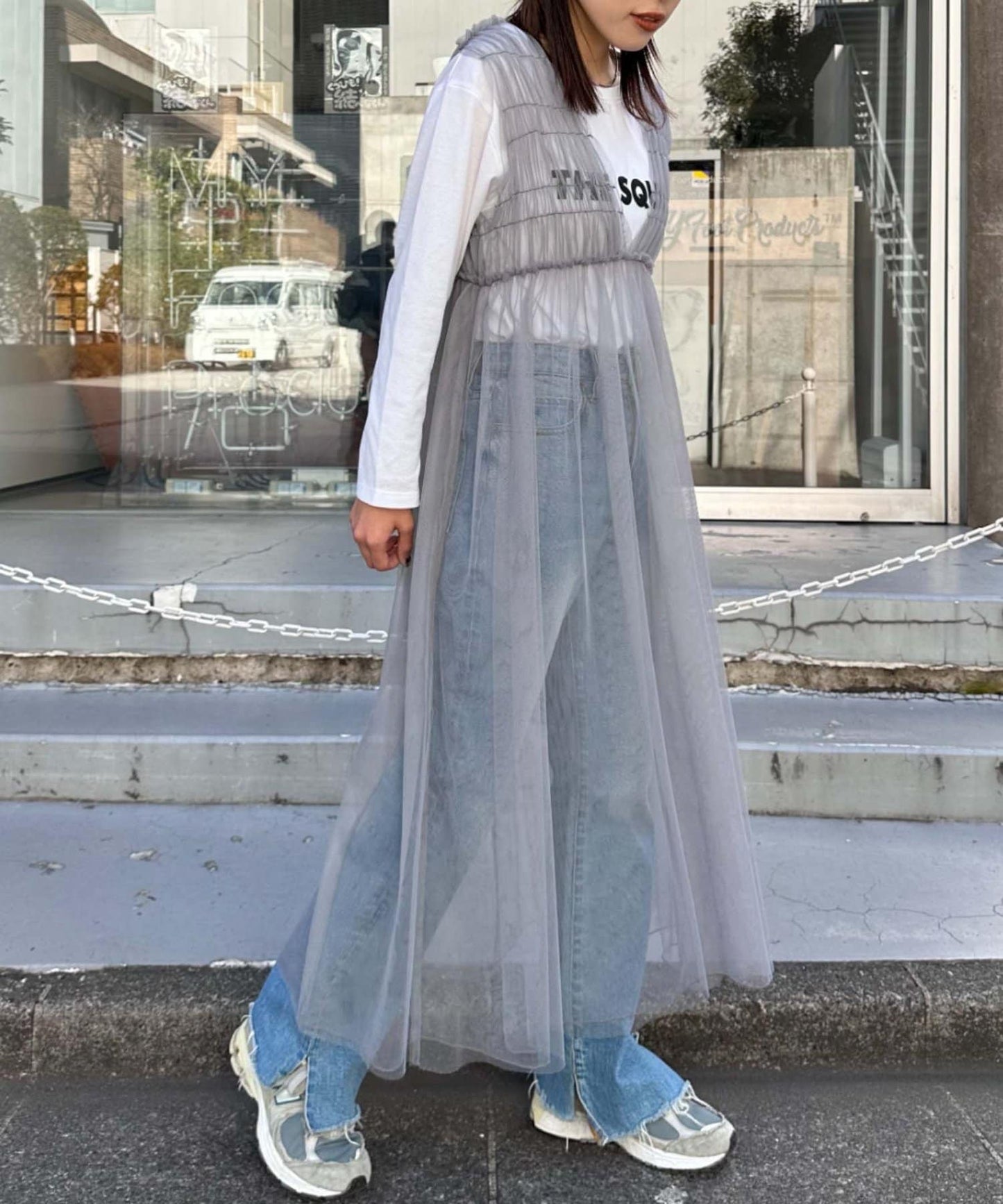 shirring tulle 2way dress (grey) *JP