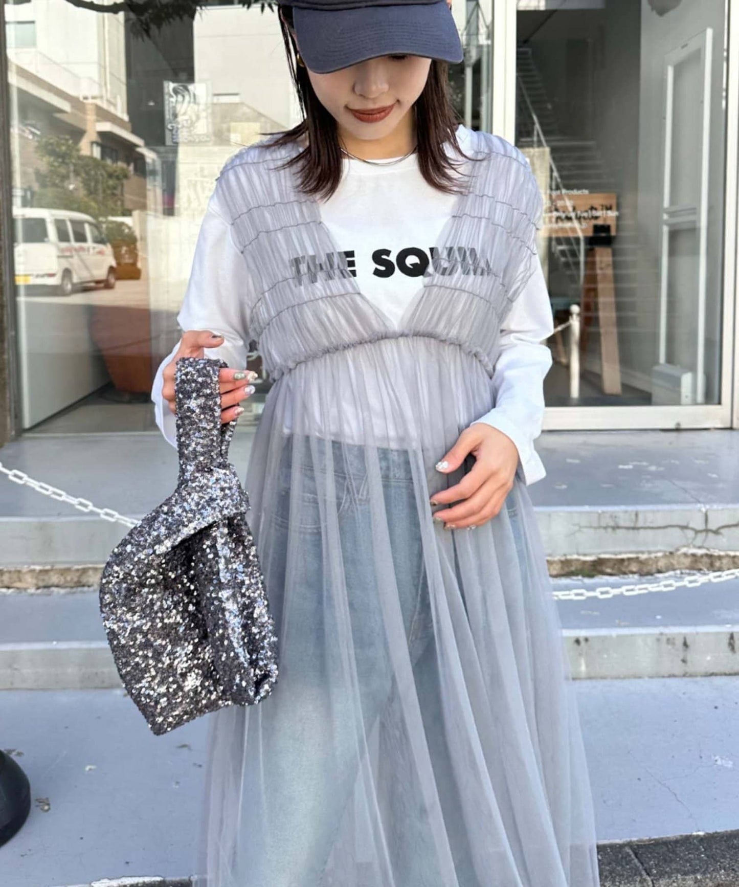 shirring tulle 2way dress (grey) *JP