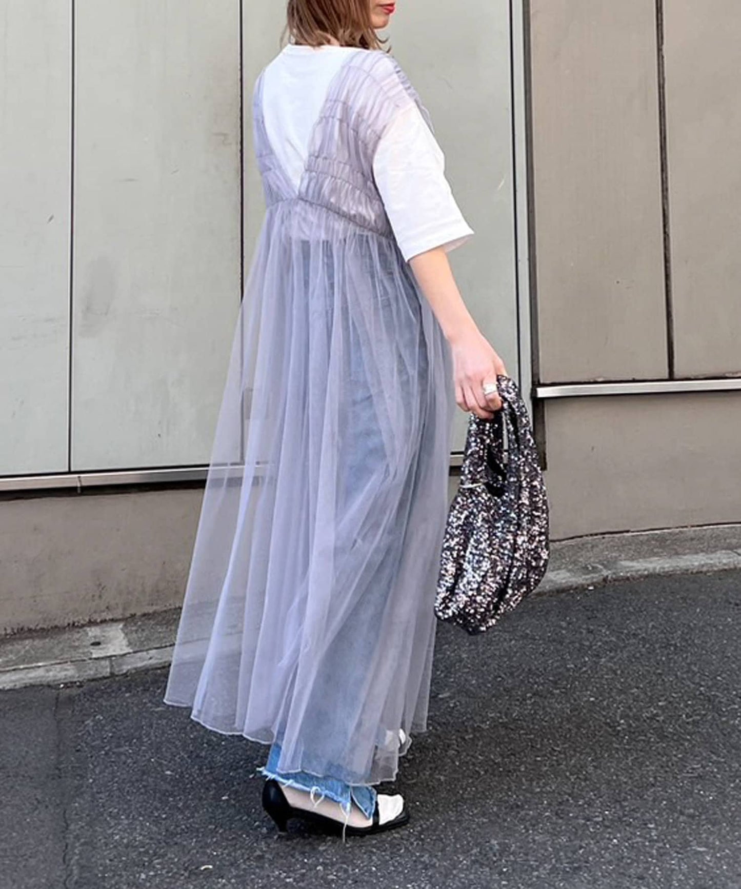 shirring tulle 2way dress (grey) *JP