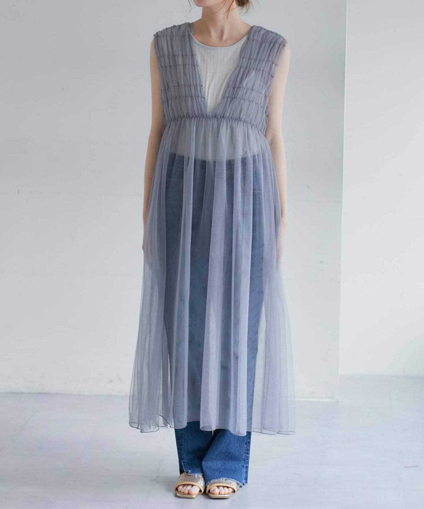 shirring tulle 2way dress (grey) *JP