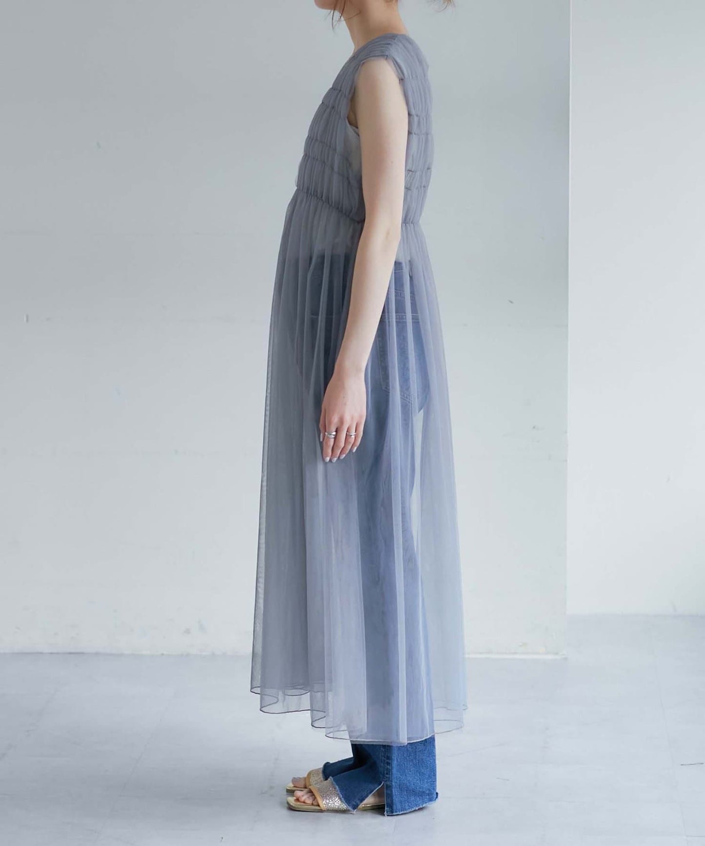 shirring tulle 2way dress (grey) *JP