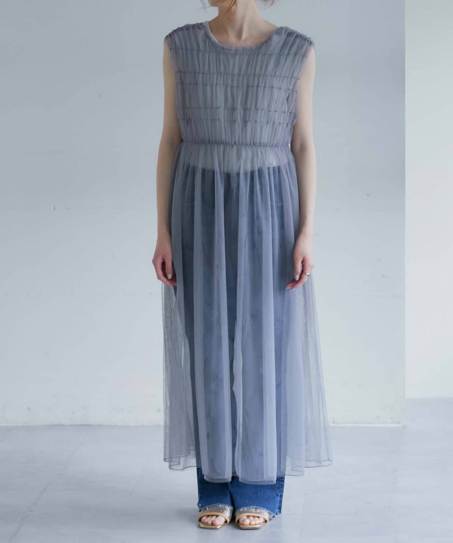 shirring tulle 2way dress (grey) *JP