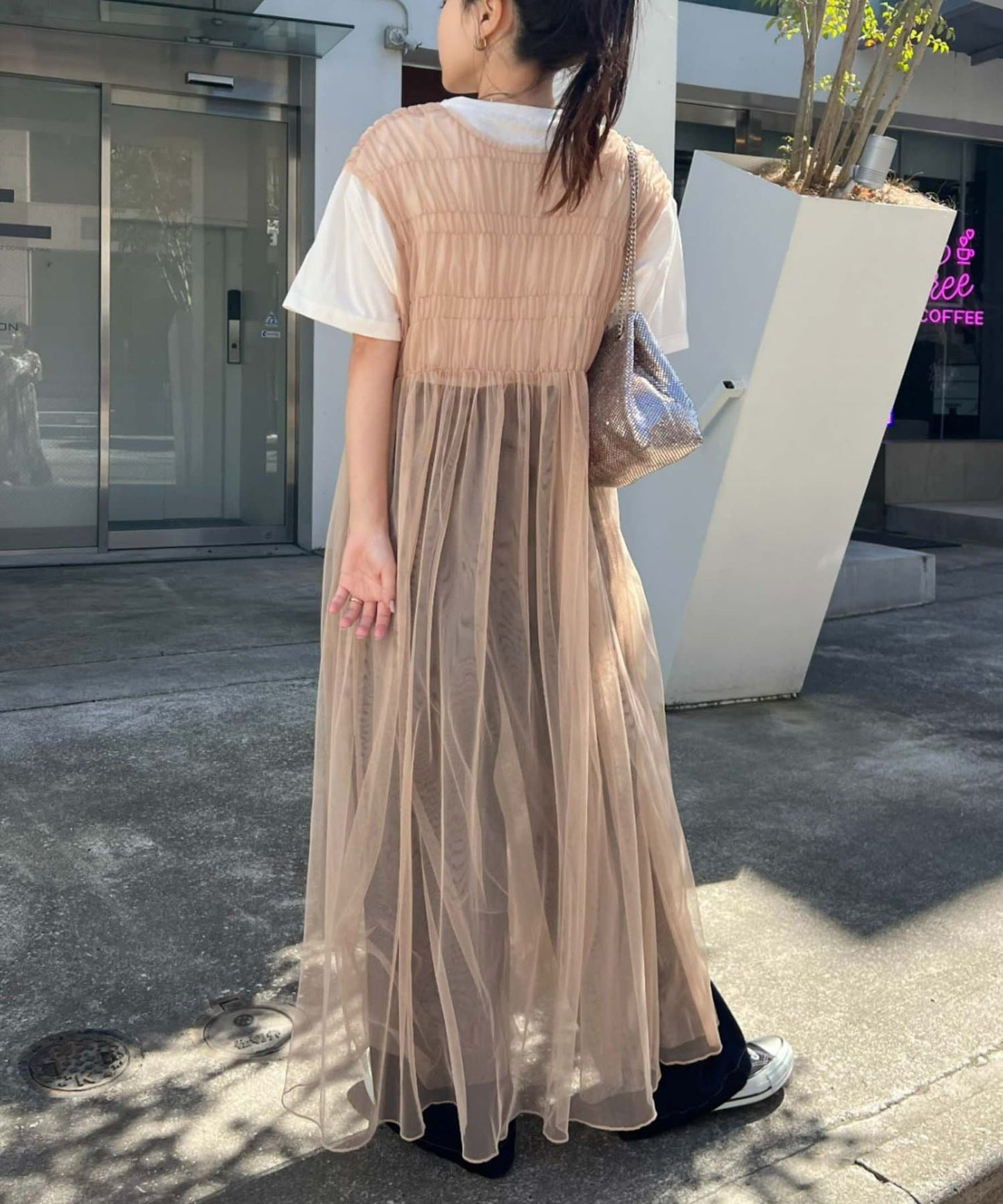 shirring tulle 2way dress (beige) *JP