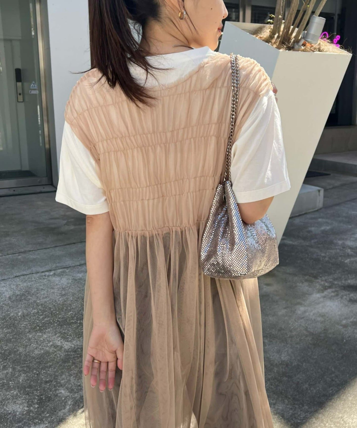 shirring tulle 2way dress (beige) *JP