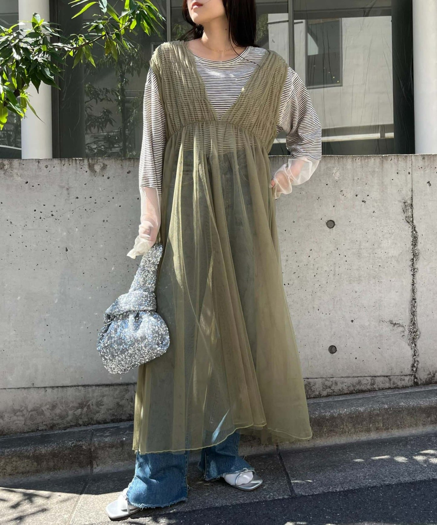 shirring tulle 2way dress (pistachio) *JP