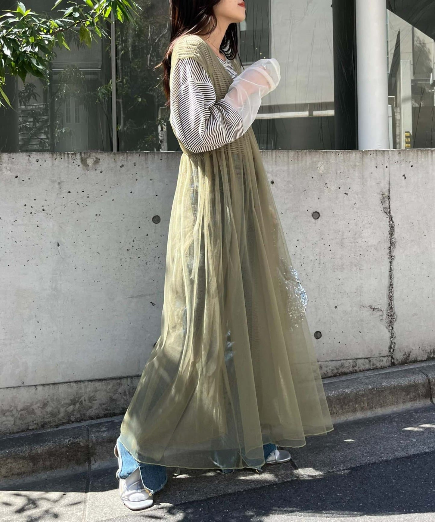 shirring tulle 2way dress (pistachio) *JP