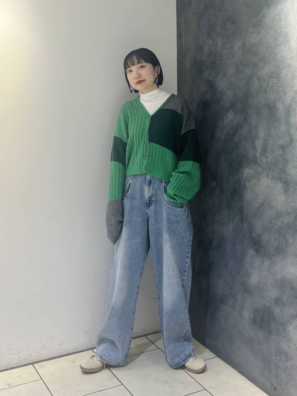 patchwork knit cardigan (green) *JP