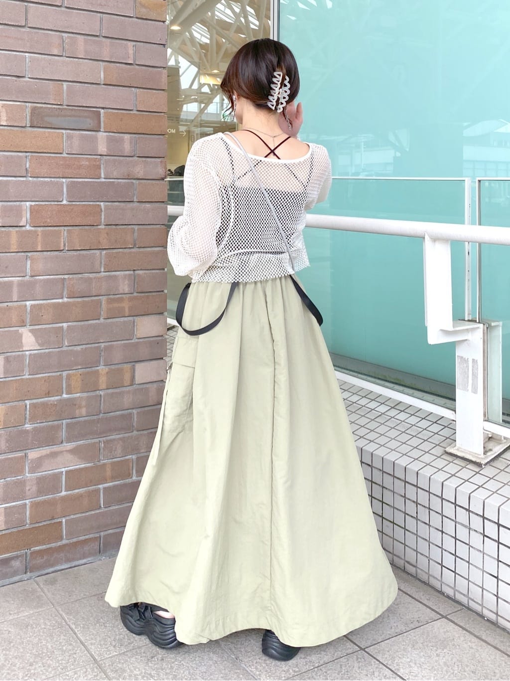 2way nylon gathered skirt (khaki) *JP