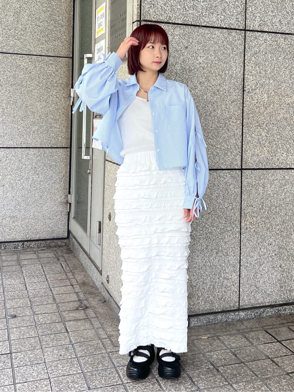 ruffle long tight skirt (white) *JP