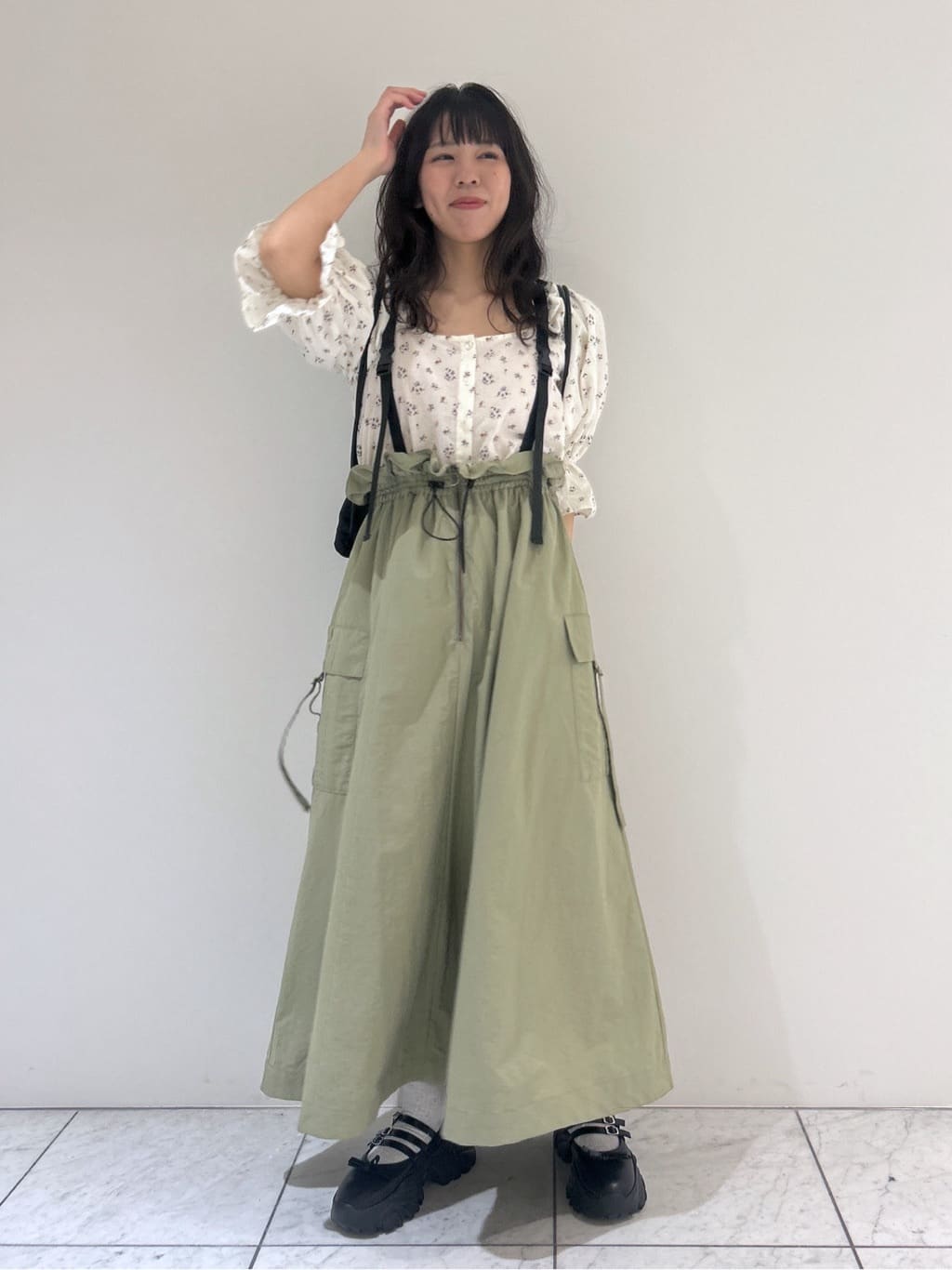 2way nylon gathered skirt (khaki) *JP