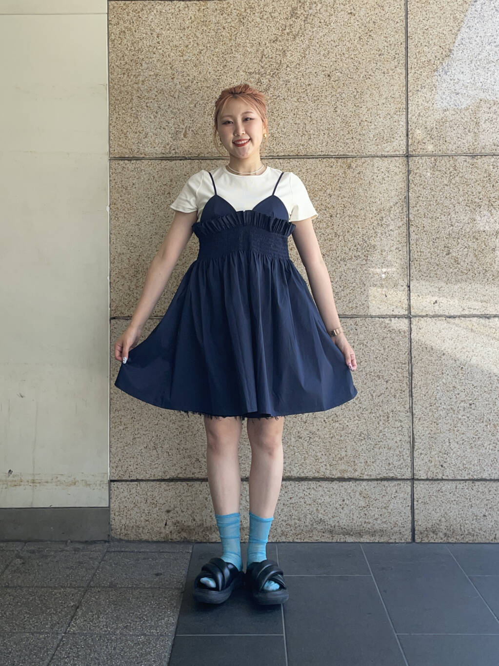 shirred mini dress (navy) *JP