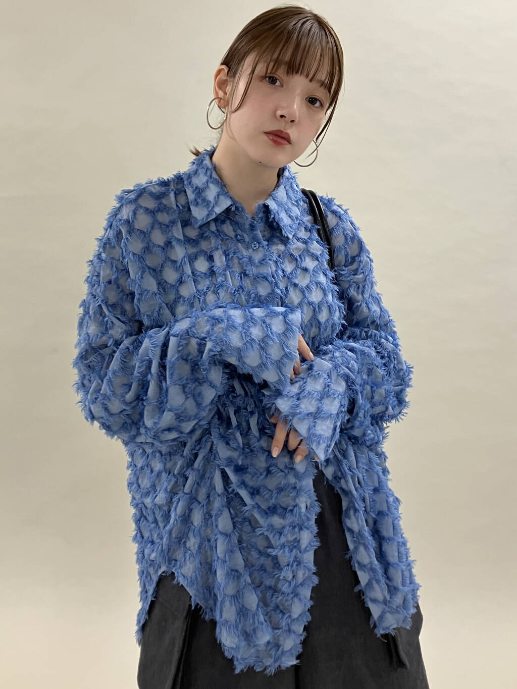 front Gathered Feather Shirt (blue) *JP