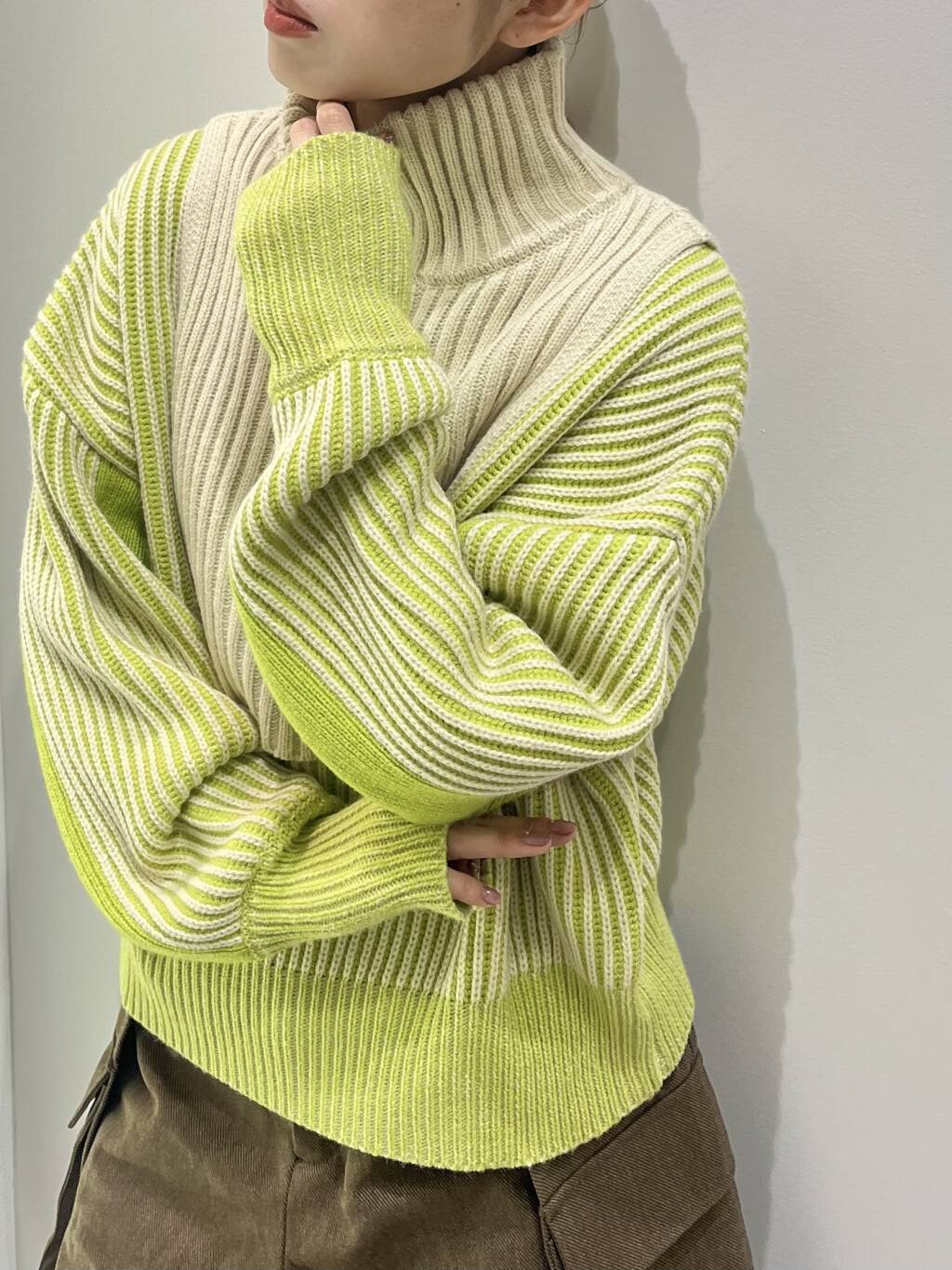 layered half zip knit (ivory x lime) *JP