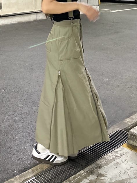 suspender maxi skirt (light khaki) *JP