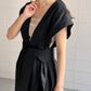 v-neck ribbon one piece (black) *JP