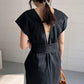 v-neck ribbon one piece (black) *JP