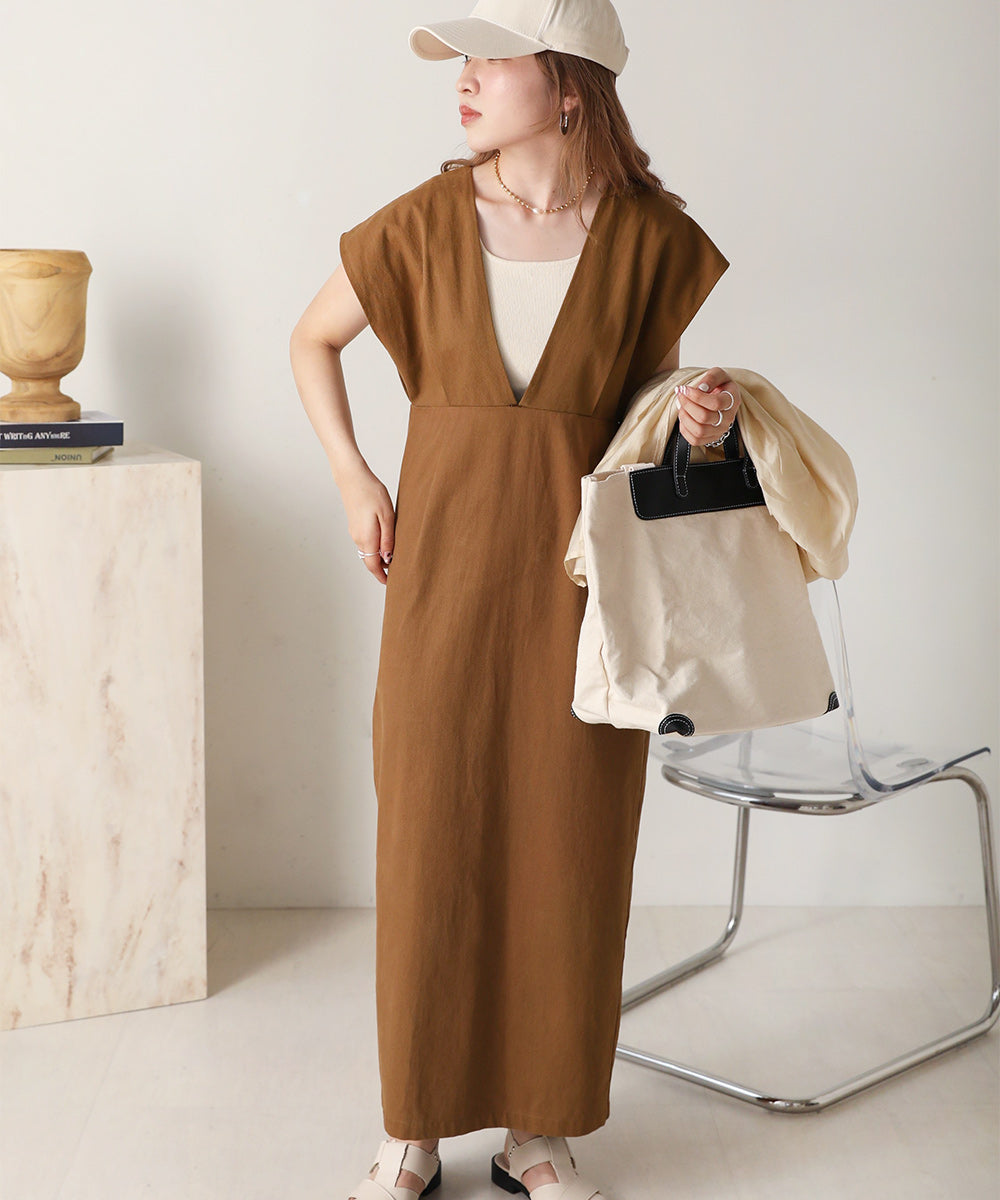 v-neck ribbon one piece (brown) *JP