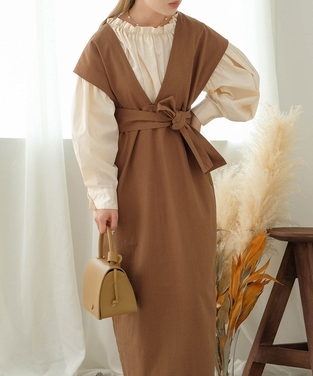 v-neck ribbon one piece (brown) *JP