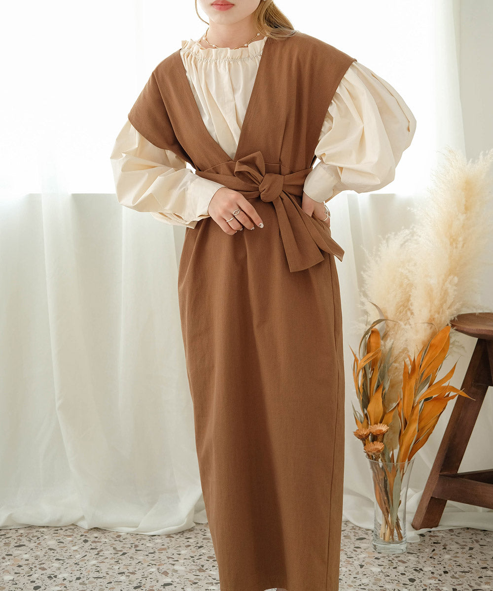 v-neck ribbon one piece (brown) *JP