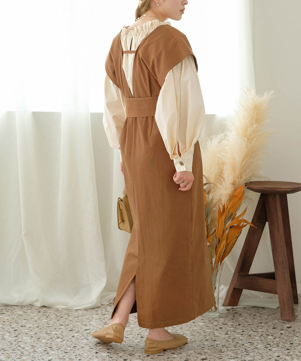 v-neck ribbon one piece (brown) *JP