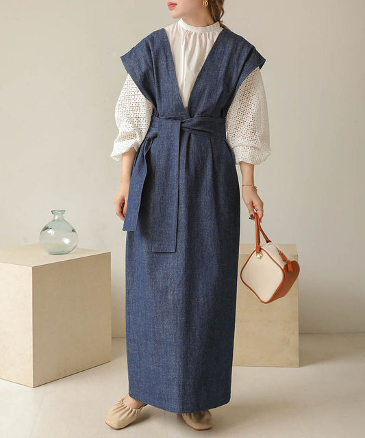 v-neck ribbon one piece (denim) *JP