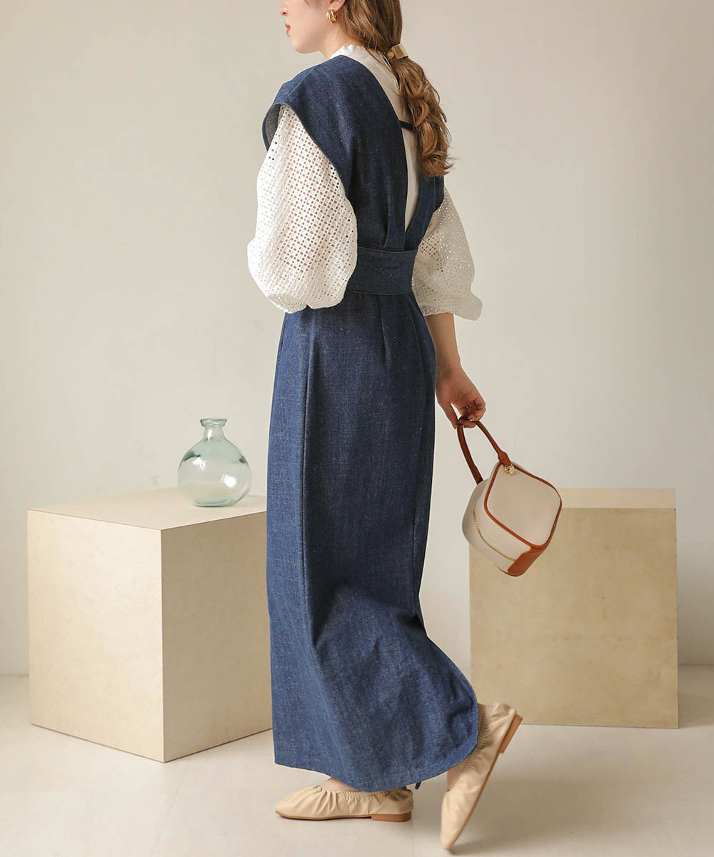 v-neck ribbon one piece (denim) *JP