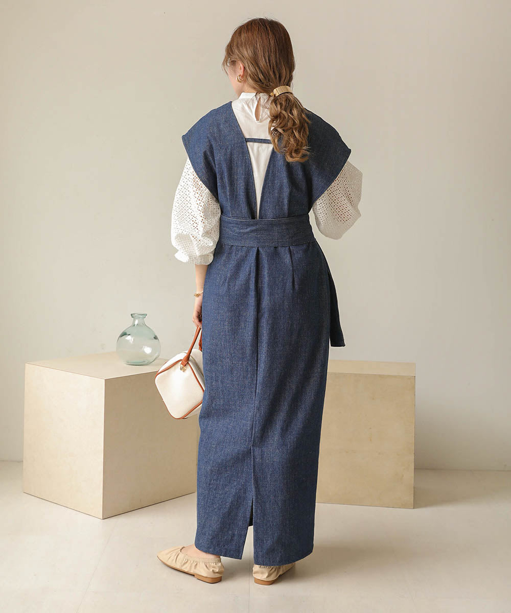 v-neck ribbon one piece (denim) *JP