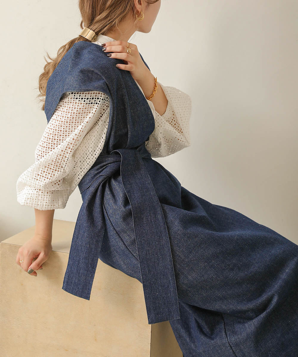 v-neck ribbon one piece (denim) *JP